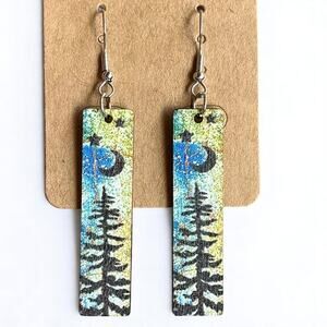 Wooden Mountain Scene Yellow Blue Earrings Pine Tree Moon Design 7cm New